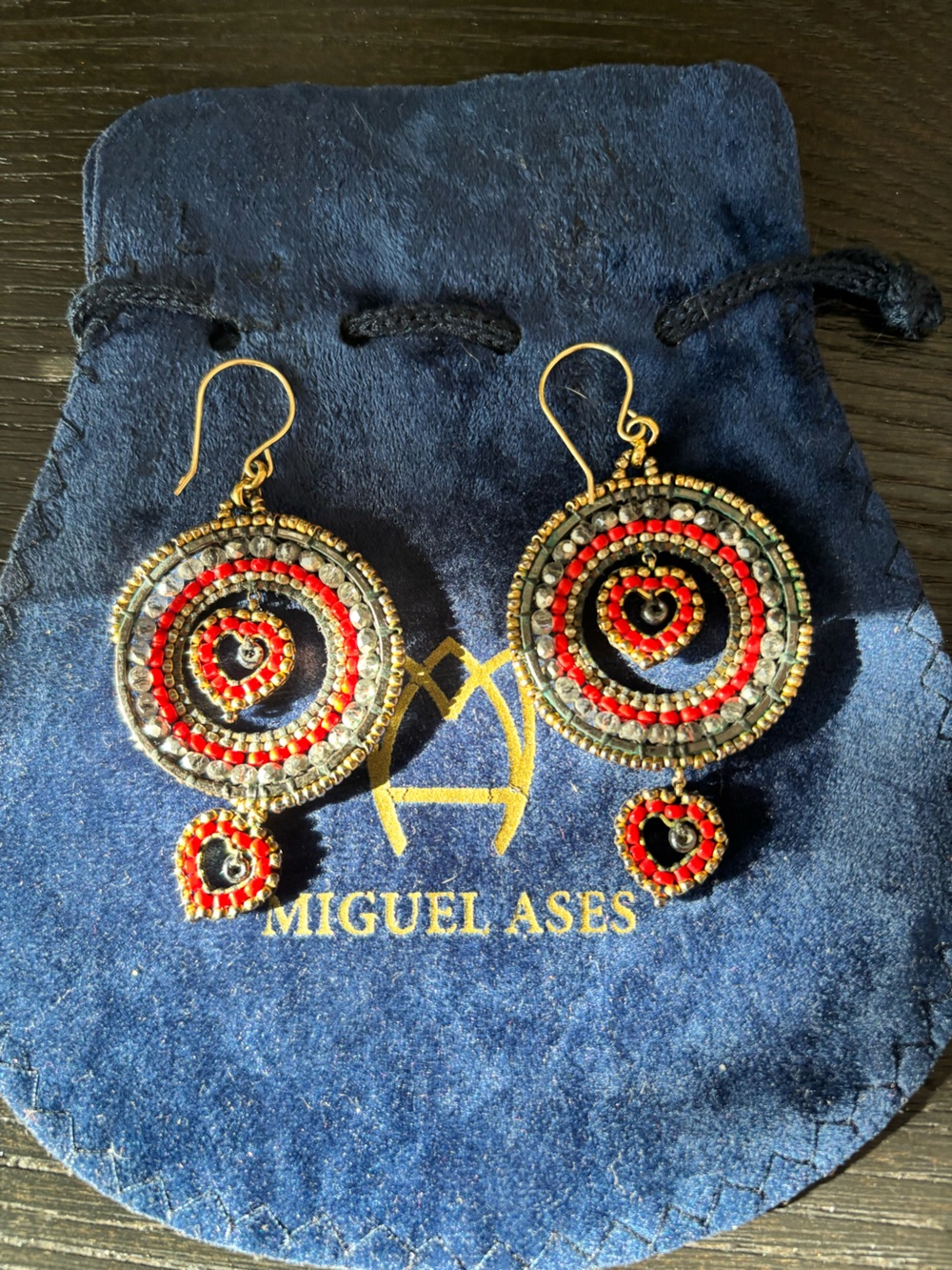 Miguel Ases Red and Gold Spiral Beaded Drop Earrings